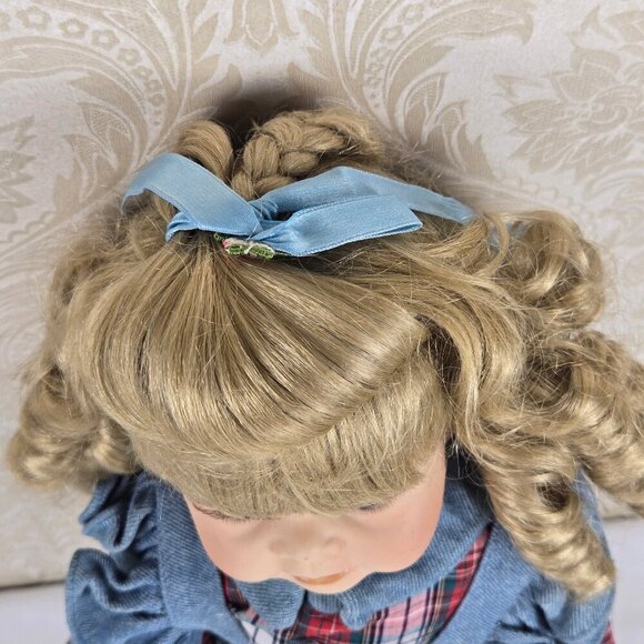 Vintage Delton Porcelain Doll Blue Eyes Blond Ringlets Denim Jumper Plaid Dress - Picture 3 of 16